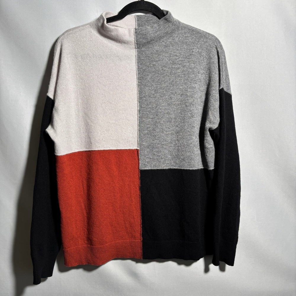 100% Cashmere Color Block Mock Neck Sweater Womens M Red Gray Black Patchwork